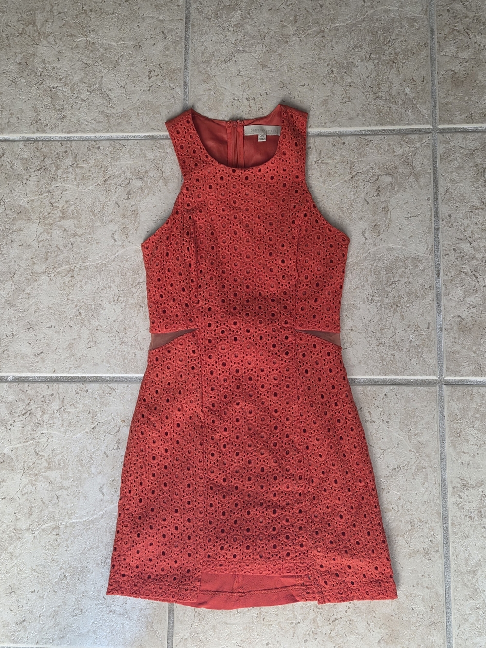 Sleeveless Red Eyelet Sheath Dress